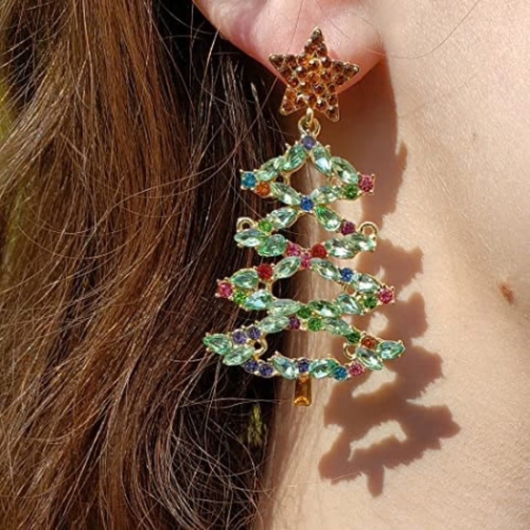 Bauble Bar Christmas Tree Earrings Statement Rhinestones and Crystals Gold 3" - Picture 3 of 8